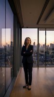 Confident Asian businesswoman in dark suit standing with crossed arms in modern office with city skyline view at sunset for corporate leadership concepts.