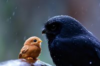 Small brown bird looking up at larger black crow in gentle snowfall, creating dramatic contrast between size and color on blurred natural background.