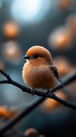 Small orange songbird perched on dark branch with soft bokeh background. Cute fluffy bird in natural habitat for wildlife and nature photography projects.
