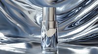 Luxury cosmetic bottle on metallic silver liquid background with ripple effect and reflective surface, elegant premium skincare packaging mockup for beauty products.