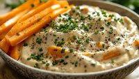 Creamy hummus garnished with fresh herbs and black pepper served in ceramic bowl with raw carrot sticks, close up view of Mediterranean appetizer.