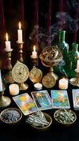 Mystical fortune telling setup with tarot cards, burning candles, brass armillary sphere, green bottles and herbs creating atmospheric smoke for divination.