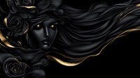 Mysterious black and gold female face with flowing dark hair and roses, artistic luxury design with metallic accents on dark background. Elegant gothic fantasy art.