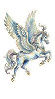 Ornate flying horse with wings in blue, gold, and purple tones, isolated on transparent background. Ready for stickers, t-shirt design, print on demand, and sublimation.