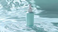 Mint green cosmetic serum bottle floating on rippling water surface with light reflections and soft shadows creating spa-like atmosphere for skincare products.