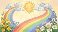 Cheerful sun with smiling clouds and colorful rainbow arching over blooming wildflowers in whimsical cartoon style for children's designs and nursery decor.