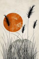 Minimalist orange sun and black reed silhouettes against textured beige background create serene nature scene with Japanese aesthetic influence. For wall art.