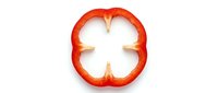Red bell pepper sliced in half horizontally, showing interior chambers and seeds, isolated on white background for culinary and food design projects.