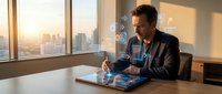 Professional businessman using futuristic holographic tablet technology in modern office with city skyline view during golden hour sunset.