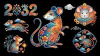 Colorful Chinese zodiac rat set with floral patterns, 2032 number, and decorative frames, isolated on transparent background for clipart, stickers, and t-shirt design.