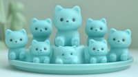 Adorable mint green cat figurines arranged on matching tray, cute kawaii style ceramic collectibles for home decor and gift giving occasions.