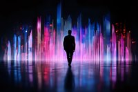Silhouette of man walking towards glowing neon cityscape with vibrant pink and blue light reflections on wet surface, creating futuristic urban nightscape atmosphere.