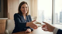 Professional middle-aged Caucasian businesswoman in navy suit smiling during handshake meeting in modern office with city view background.