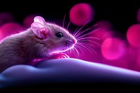 Curious mouse in profile against dark background with pink and purple bokeh lights creating magical atmosphere. Artistic pet photography with selective focus.