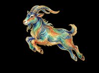Ornate leaping goat with colorful swirling patterns and gold details, isolated on transparent background, ready for stickers, t-shirt design, and print on demand.
