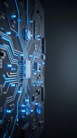 Futuristic circuit board with glowing blue LED lights and electronic pathways on dark background for technology and innovation concepts.
