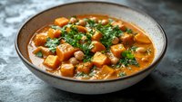 Hearty butternut squash stew with chickpeas and fresh herbs in ceramic bowl on dark background, vibrant orange color and rich broth for autumn cooking.