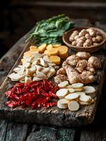 Fresh cooking ingredients arranged on rustic wooden board - sliced daikon radish, ginger root, dried red chilies, mushrooms and green herbs in moody lighting.