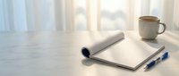 Open notebook with pen and coffee cup on white desk by window creating peaceful morning workspace atmosphere for writing and planning.