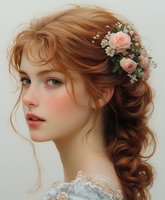 Young woman with auburn hair styled in romantic braid adorned with pink roses and baby's breath flowers, wearing vintage-inspired lace dress. Soft makeup enhances natural beauty.