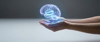 Hands holding glowing digital brain hologram representing artificial intelligence, neuroscience, mental health, innovation and futuristic technology concepts.
