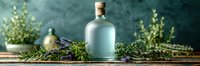Elegant frosted glass bottle with fresh aromatic herbs and lavender sprigs on rustic wooden surface against dark moody background, perfect for spa, wellness or natural cosmetics advertising.