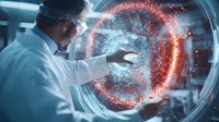 Scientist in protective equipment studying glowing molecular structure in futuristic laboratory setting with holographic visualization of particle research.