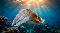Cuttlefish swimming gracefully over a vibrant coral reef, with sunlight rays piercing through clear blue tropical ocean water.