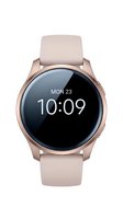 Rose gold smartwatch with soft pink silicone band displaying time 10:09 on Monday 23rd. Isolated on white background, ready for product design and marketing use.