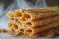 Layered puff pastry with flaky texture dusted with cocoa powder and powdered sugar, steam rising in macro shot showing detailed honeycomb structure.