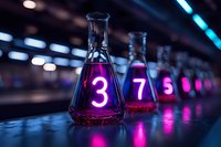 Laboratory glassware with glowing pink numbers arranged in sequence, containing luminescent liquid on dark background with blue lights creating scientific atmosphere.