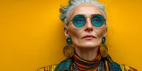 Stylish senior woman with silver hair wearing blue round sunglasses and colorful ethnic jewelry against vibrant yellow background.