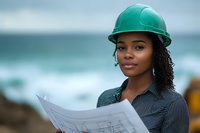 Young African American female engineer in green hardhat reviewing blueprints at coastal construction site, displaying confidence and expertise against ocean background.