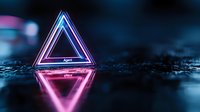 Glowing neon triangle with pink and blue light reflects on dark wet surface creating futuristic cyberpunk atmosphere for modern tech and gaming designs.
