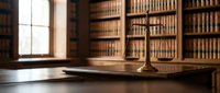 Vintage law office interior with wooden desk, brass scale of justice, and classic library bookshelves filled with legal books creating professional atmosphere.