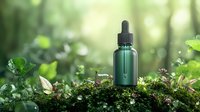 Green glass dropper bottle on moss with morning dew drops and fresh leaves in soft natural forest light, wellness and organic skincare concept.