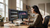 Young Asian woman audio engineer working with sound editing software on dual monitors wearing headphones in modern home studio workspace.