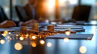Stacked coins on dark surface with glowing bokeh lights creating magical financial atmosphere. Money growth concept with warm evening illumination.