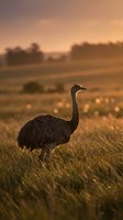 Emu standing in golden grassland during warm sunset light with blurred countryside landscape background creating peaceful rural Australian outback scene.
