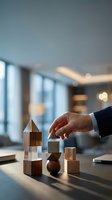 Businessman in dark suit placing wooden block on tower structure in modern office with large windows, representing business growth, strategy, and development planning.
