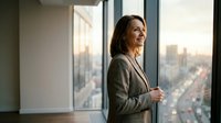 Professional businesswoman in suit looking out office window at city skyline during golden hour, corporate success and leadership concept for workplace motivation.