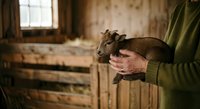 Young goat held in farmer's hands inside rustic barn setting. Suitable for agriculture, farming, livestock, and rural lifestyle content.