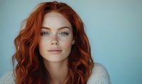 Portrait of young redhead woman with natural freckles and wavy copper hair wearing light sweater against blue background, serene expression and glowing skin.