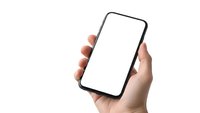 Hand holding modern smartphone with blank white screen mockup isolated on white background for app presentation and mobile interface design.