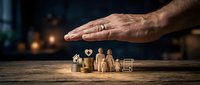 Male hand protecting wooden family figures and house model on rustic table representing home insurance and financial security planning concept.