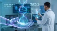 Medical professional examining futuristic healthcare technology with holographic DNA strand and digital interface elements in modern laboratory setting.