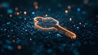 Glowing digital key silhouette on dark background with bokeh particles and binary code pattern. Concept of cybersecurity and digital access protection.