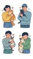 Happy pet owners holding cats with love hearts showing affection and bonding between humans and feline companions in cartoon style illustration.