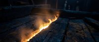 Glowing molten lava flowing through cracked stone ground creating dramatic orange light effects in dark atmospheric environment for fantasy gaming concepts.