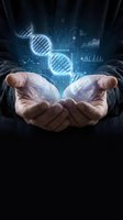 Hands holding glowing DNA double helix with digital data visualization and genetic analysis charts floating above palms in futuristic biotechnology concept.